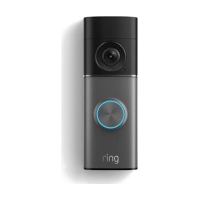 Slim rectangular doorbell camera in black finish with a circular camera lens centered above a smaller button, mounted on a wa