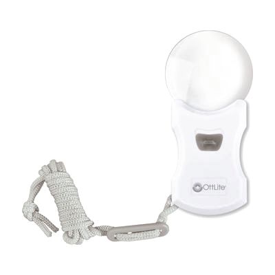A round handheld magnifier with a white body and clear lens, attached to a white cord with a clip.