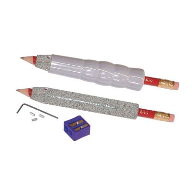 Cylindrical contoured pencil holder with textured grip surface and visible set screws along the barrel, shown holding a stand