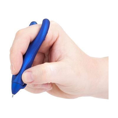 Y-shaped adaptive pen with soft gray grip material, designed to rest between two fingers rather than be pinched