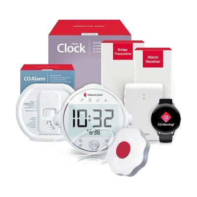 Multi-component alerting bundle including a white bedside alarm clock receiver with LED display, a flat round bed shaker pad,
