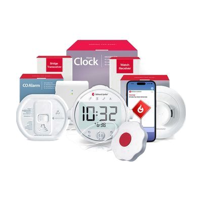 Multi-component alert system including white rectangular receiver with LED indicator panel, small white round transmitters, B
