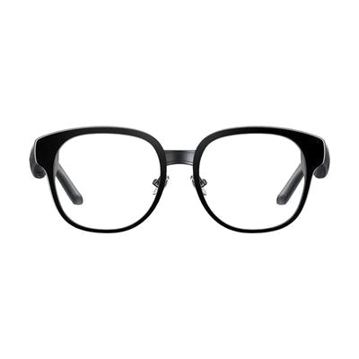 Black-framed smart glasses with slightly thick temples housing electronics, dual-lens display embedded in lenses, modern rect