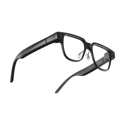 Slim black-framed smart glasses with standard eyewear profile, transparent lenses containing embedded waveguide display eleme