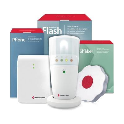 Three-piece alerting system: a small white phone transmitter, a white rectangular flash receiver with indicator lights, and a