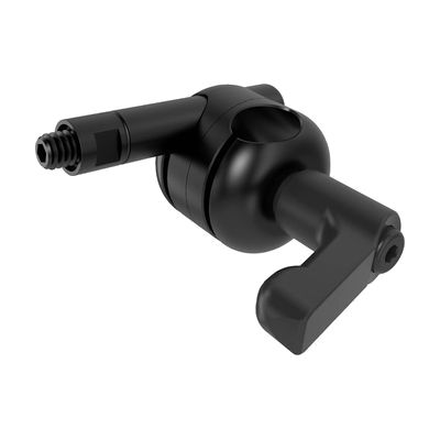 A black plastic mounting adaptor with a ball joint, threaded screw post, and an adjustable locking lever.