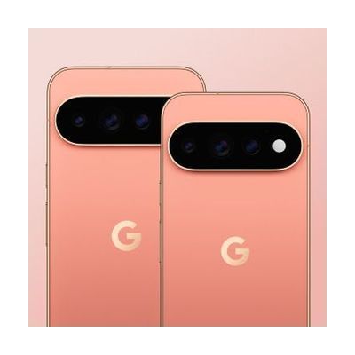 A pair of coral-pink smartphones shown from the back, each with a black camera bar and a white "G" logo.