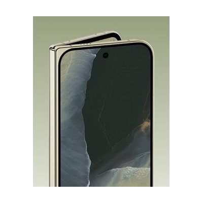 A folding smartphone shown partly open, with a gold-toned metal edge and a screen displaying an aerial coastline image.