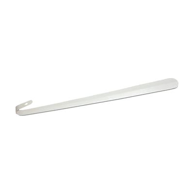 A long metal shoe horn with a white finish and a curved hook at one end.