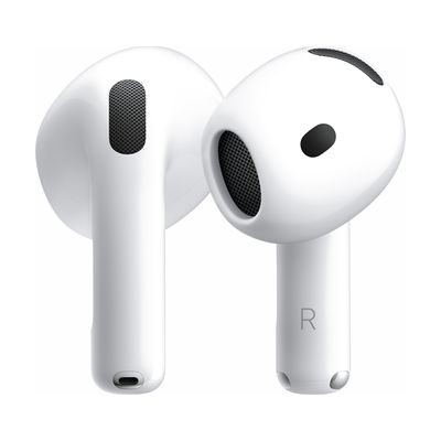 A pair of white in-ear wireless earbuds with short stems, shown side by side.