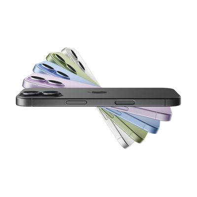 A smartphone shown in profile with a fanned array of color options including black, purple, blue, green, and white.
