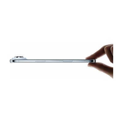 A slim white smartphone shown edge-on with a camera bump, held between a person's fingers.