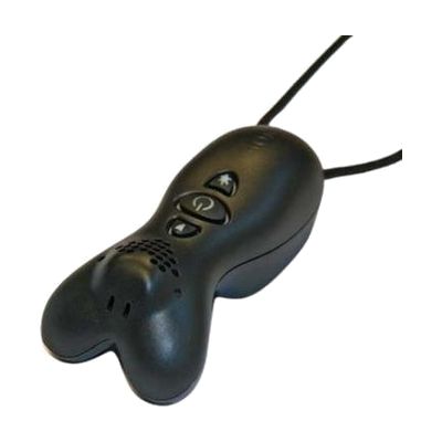 A black handheld microphone transmitter with a curved ergonomic shape, three control buttons, and an attached cable.